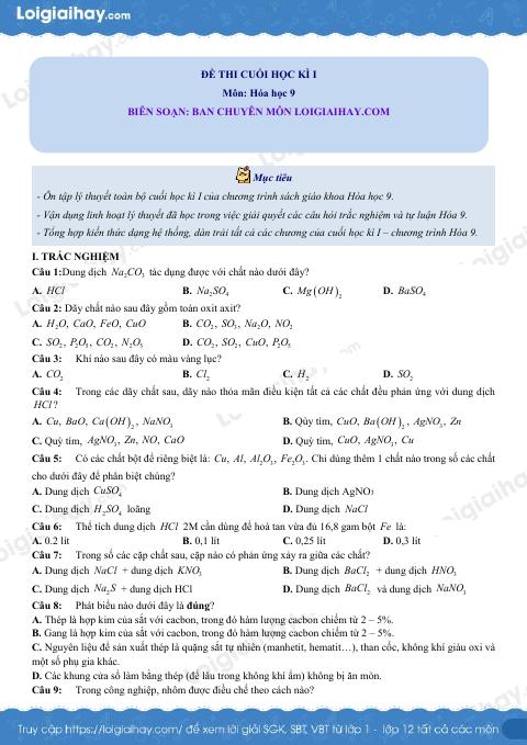 Đề thi học kì 1 Hóa 9 - Đề số 8